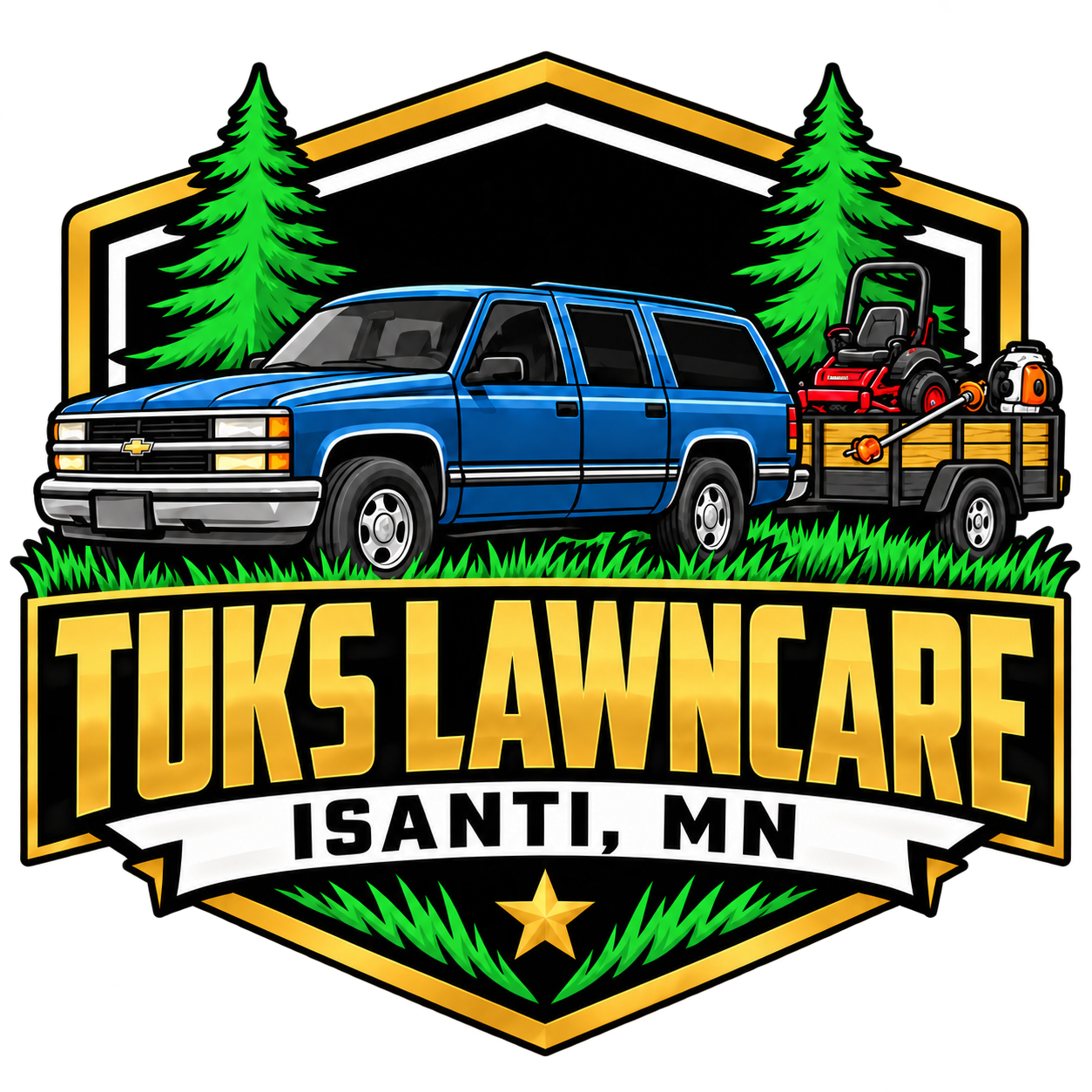 Tuks Lawncare — blue Suburban and trailer with lawn equipment, Isanti Minnesota